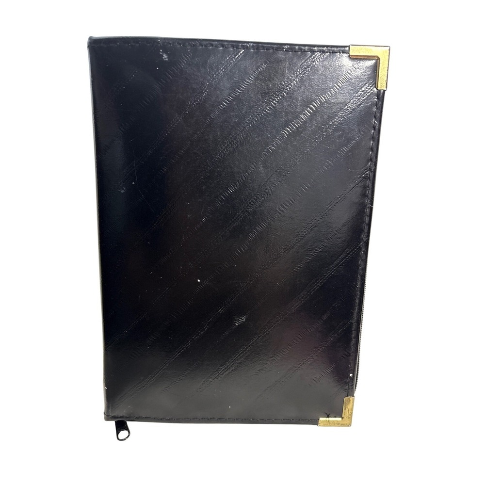 Vintage Black Eel  Leather Zip Up 3 Ring Binder Organizer Calculator